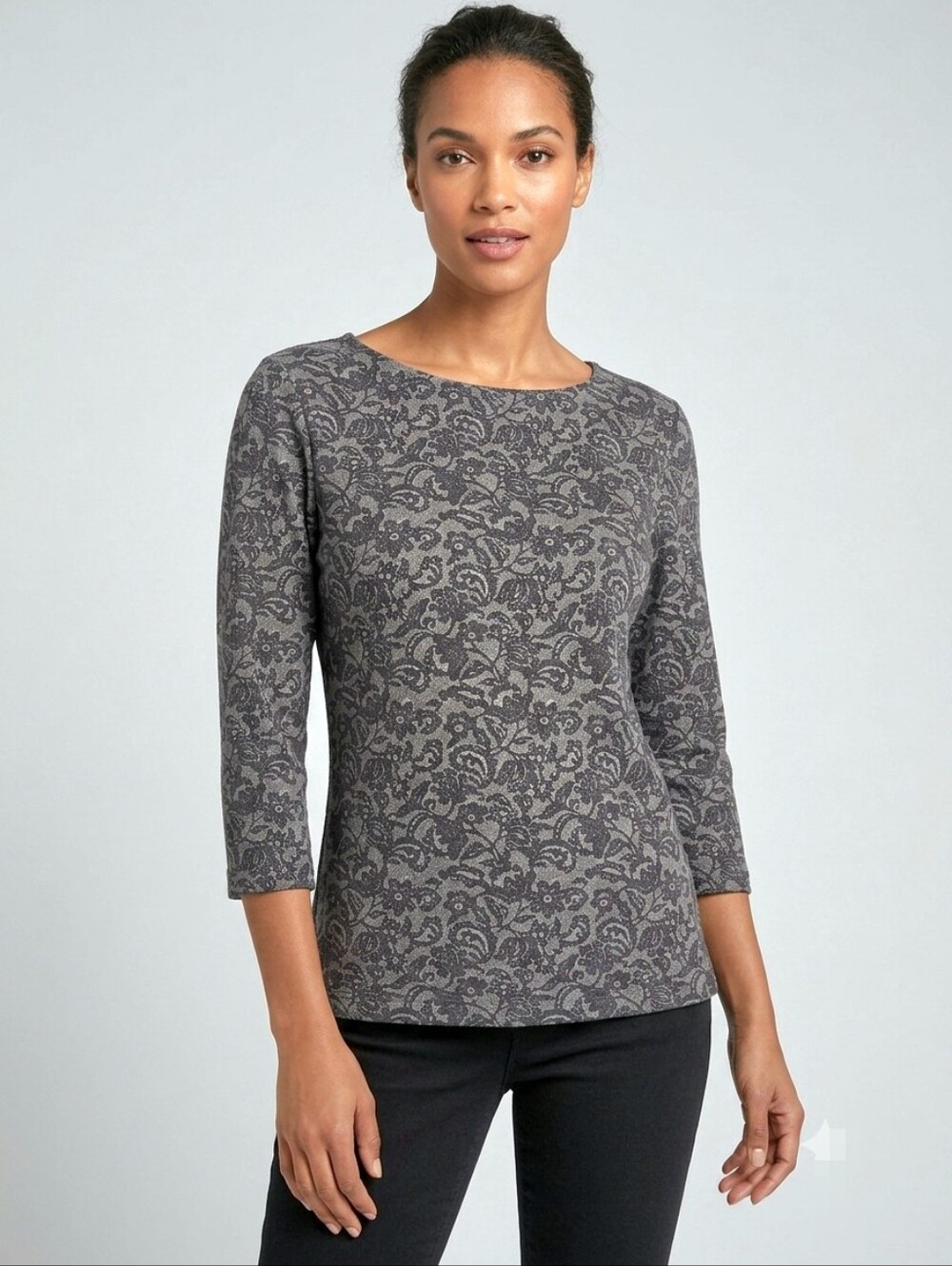 Talbots Women’s Grey Floral Pattern Boatneck Top size S